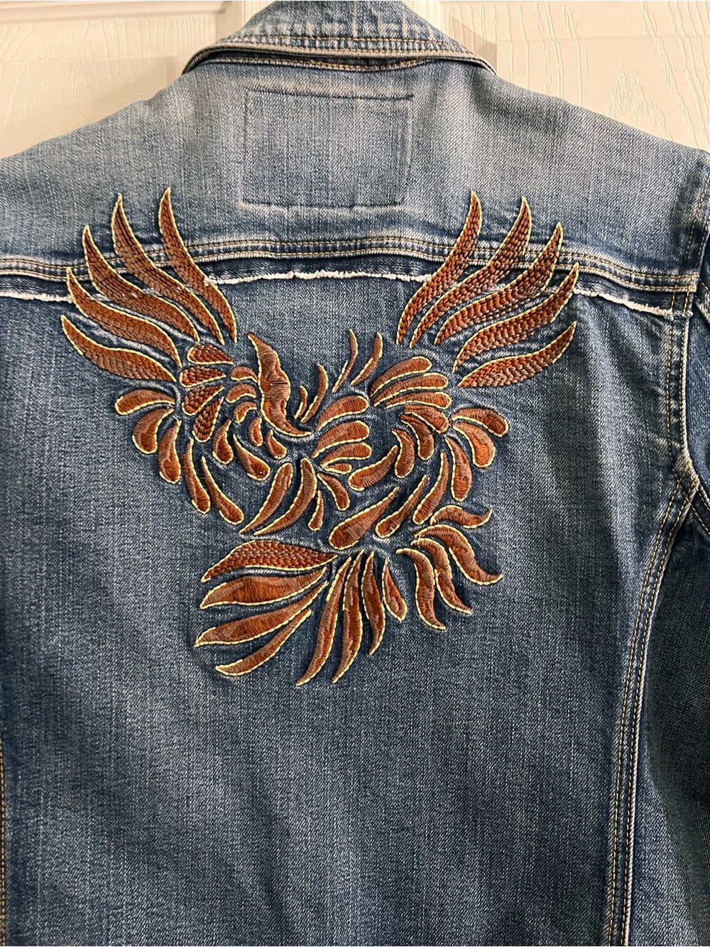 Fiorucci Blue Denim Jacket with Brown Embroidered Wing Motif
